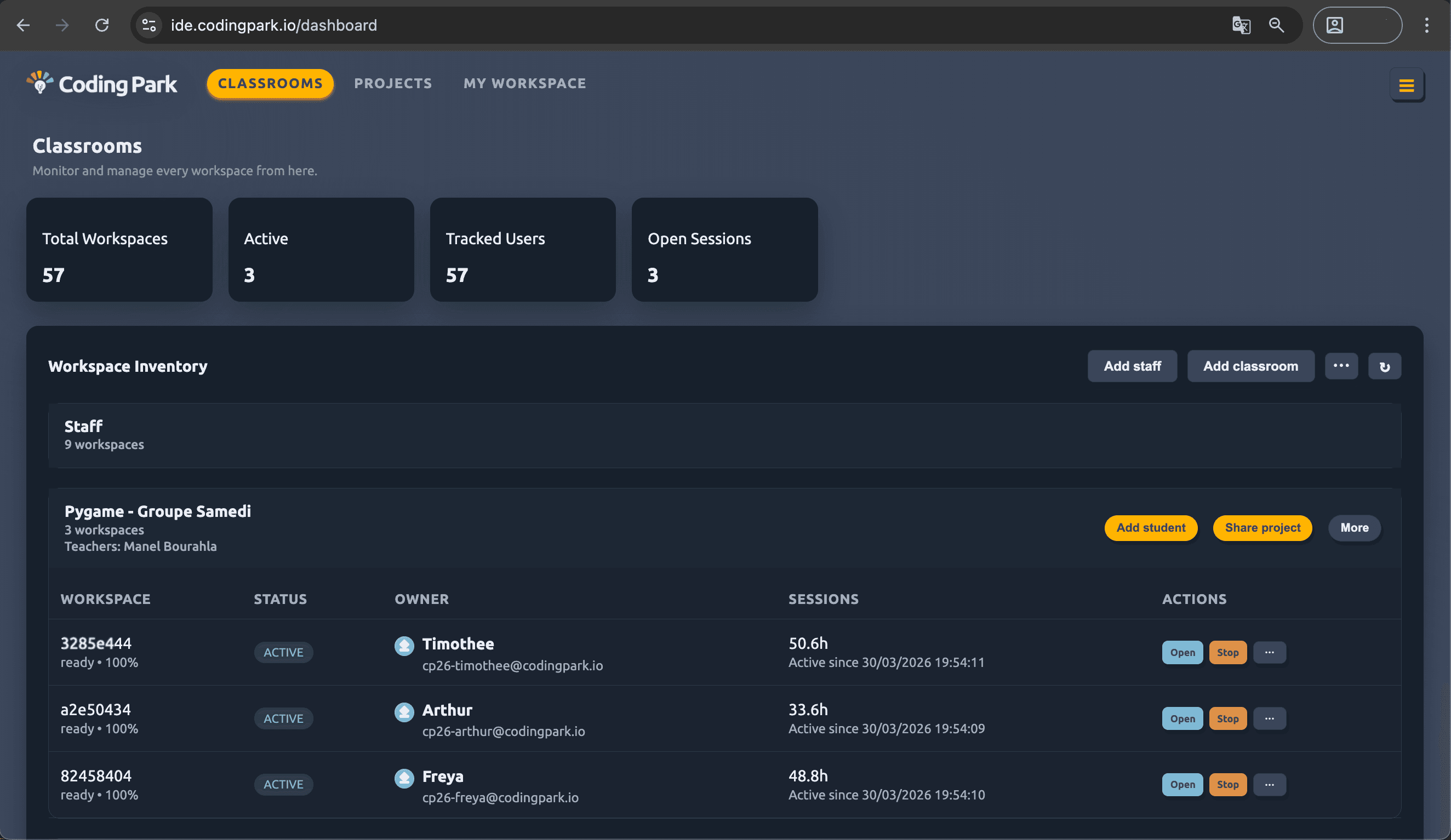 Tableau de bord enseignant Coding Park Academy